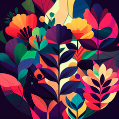 Poster - Abstract floral background with colorful flowers and leaves, ai generation.