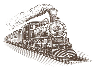 Wall Mural - Hand drawn moving retro train, sketch. Vintage steam locomotive in style of old engraving. Vector illustration