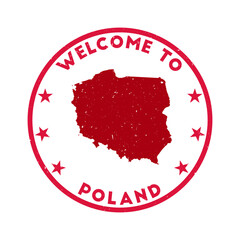 Wall Mural - Welcome to Poland stamp. Grunge country round stamp with texture in Red Herring color theme. Vintage style geometric Poland seal. Powerful vector illustration.