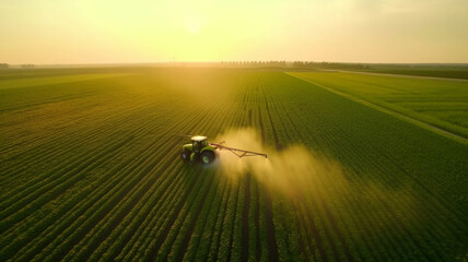 Farmer on a tractor spraying pesticides on a green soybean plantation at sunset, aerial drone view..
Farming industry.