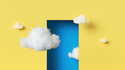 Wall Mural - 3d rendering, abstract minimalist geometric background. White clouds fly outside the blue doorway on the yellow wall. Modern fantasy wallpaper
