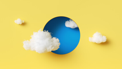 Wall Mural - 3d rendering, abstract fantasy Easter background. Blue sky inside the round hole on the yellow wall. Flying white clouds. Minimalist modern wallpaper