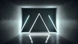 Fototapeta Do przedpokoju - Futuristic Sci Fi Triangle White Neon Tube Lights Glowing In Concrete Floor Room With Reflections. Generative AI