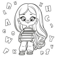 Poster - Cute cartoon longhaired girl holding the large stack of books outlined for coloring page on a white background