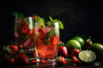 Wall Mural - Cocktail with strawberry, lime and mint created with AI