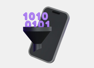 Wall Mural - 3d phone with binary code filter. smartphone with funnel. web programming. mobile application develo