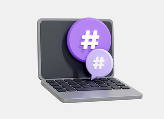 3D Computer laptop with hashtag. Content sharing concept. Social media marketing and communication. Viral blog, post. Business topics. Cartoon creative design icon isolated on background. 3D Rendering