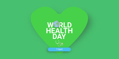 Wall Mural - world health day green concept banner with heart, earth globe and stethoscope.