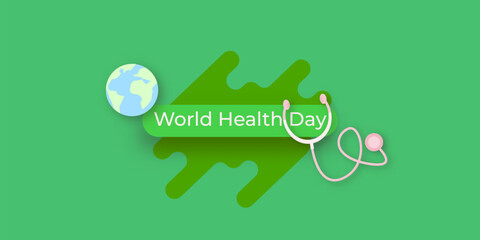 Wall Mural - world health day green concept banner with heart, earth globe and stethoscope.