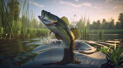 Largemouth bass jumping from water in a summer swamp created with Generative AI Technology, ai, generative