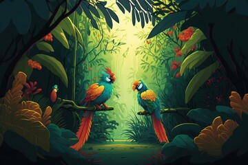 Two parrots in the jungle. Vector illustration in cartoon style.