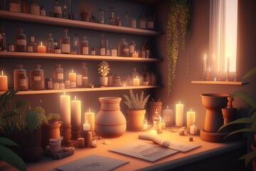 Wall Mural - calming oasis with candlelight and aromatherapy in drugstore, created with generative ai