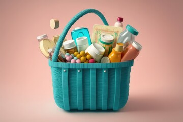 Canvas Print - person, filling a basket with necessary drugstore items, before going on vacation, created with generative ai