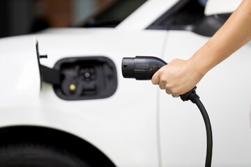 Sticker - Focus hand holding EV charger plug with blurred background of progressive electric vehicle and socket parking in home garage with electric charging station powered by clean and sustainable energy.