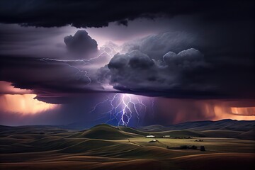 Canvas Print - dramatic lightning storm over rolling hills, with dramatic clouds and sky, created with generative ai