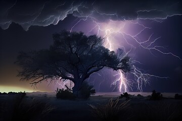 Canvas Print - dramatic thunderstorm, with lightning striking trees in the background, created with generative ai