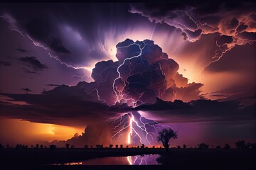 Canvas Print - dramatic thunderstorm with lightning strikes across the sky, seen from a distance, created with generative ai