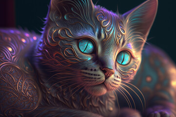  Incredible golden gold feline cat statue concept with intricate pattern design background. Cute metal metallic animal portrait of a pet. Ai generated