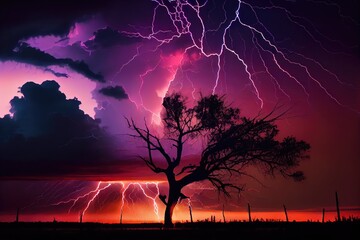 Canvas Print - lightning strike in dramatic sunset sky, with silhouette of trees visible, created with generative ai