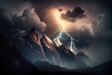 Poster - dramatic thunderstorm over mountain range, with lightning bolts striking the peaks, created with generative ai