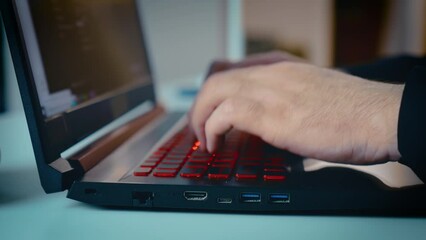 Close up business man entrepreneur typing on laptop doing research. Freelancer entrepreneur working online with pc software apps technology concept