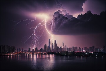 Poster - dramatic thunderstorm with lightning illuminating the sky over city skyline, created with generative ai