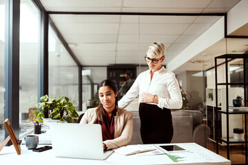 Aufkleber - Providing training to the employee wholl fill in for her. two businesswomen working together on a laptop in an office.