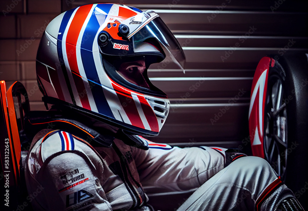 F1 driver inside his car with the helmet and the competition suit ...