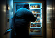 hungry obese man looking at food in the fridge at home at night. Generate Ai.