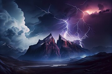 Canvas Print - dramatic thunderstorm over towering mountain range, with lightning bolts striking the peaks, created with generative ai