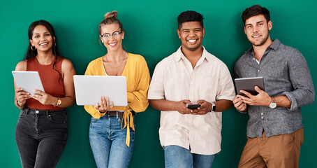 Poster - we use social media to connect and engage with customers. portrait of a group of young designers usi