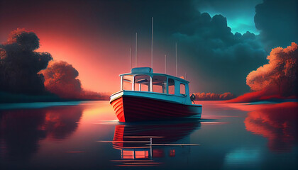 Poster - Nautical vessel sails through tranquil sunset waters ,generative AI