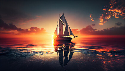 Poster - Sunset over nautical vessel sailing on tranquil water ,generative AI