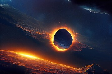 Wall Mural - burning falling asteroid and planet collision background digital illustration., created with generat
