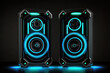 © Lazy_Bear - Sound speakers on dark background with blue lights. Set for listening music. Glowing audio equipment. Created with Generative AI