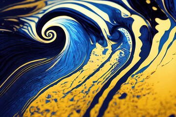 Blue and yellow fluid art texture. Hand painted abstract background with randomly mixed two color liquid made acrylic swirling paint effect to create elegant marble pattern., created with generative