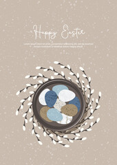 Wall Mural - Easter card. Easter eggs on a plate with a wreath of willow. Eco-decor. Vector for poster, print, postcard, invitation, congratulations, tag.