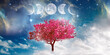 mystical spring pink tree with four pahses of luna New Moon, First Quarter, Full Moon, and Last Quarter over mystic sky with stars and nebula like spiritual and mystical and poetic background 