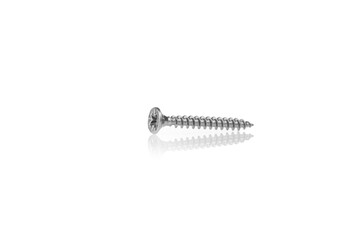 macro screw of silver color on a white background