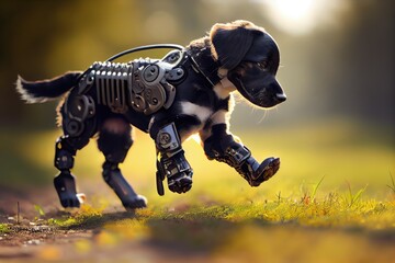 Sticker - puppy with robotic leg, running and playing in the park, created with generative ai