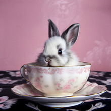 Adorable Baby Netherland Dwarf Rabbit Inside A Tea Cup.