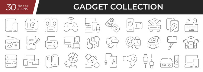 Poster - Gadgets linear icons set. Collection of 30 icons in black