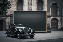  An Empty Big Board In The Foreground. Vintage Car. Generative AI