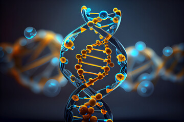 Fototapete - Beautiful red, green DNA molecule with yellow light symbol icons on a blue background Generative AI technology