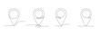Continuous single line drawing of map pins. Editable stroke linear style. Gps navigation pointers for travel concept. Collection of one line map pins on white background. Doodle vector illustration.