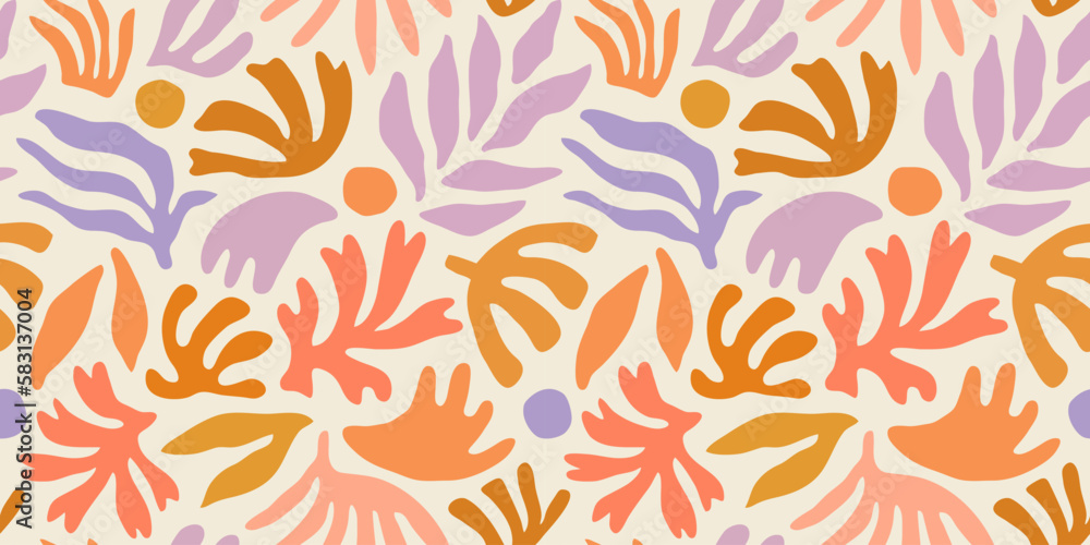 Abstract plant leaf art seamless pattern with colorful freehand doodle ...