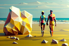 A Low Poly Geometric Beach Scene With A Couple Holding Hands And Walking Along The Shoreline