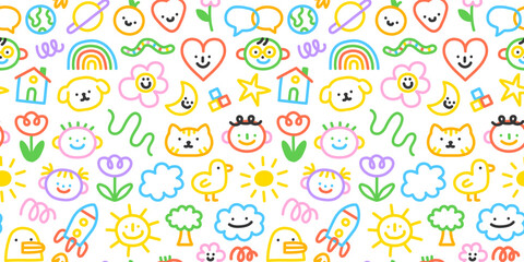 Wall Mural - colorful funny children doodle icon seamless pattern. cute happy kid drawing symbol wallpaper print,