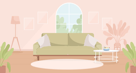 Sage green and pink contemporary living room flat color vector illustration. Spacious modern house. Fully editable 2D simple cartoon interior with apartment furniture and accessories on background