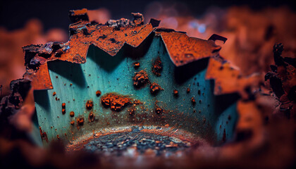 Poster - Close up of rusty steel machinery in nature ,generative AI